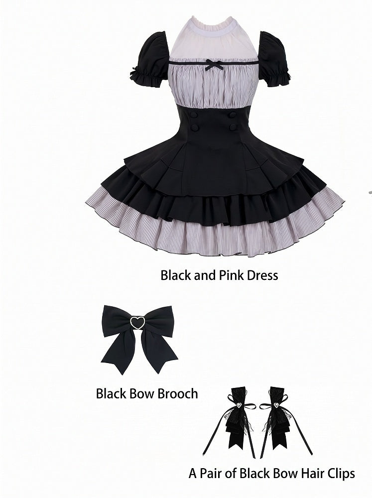 Black & Pink Square Neck Dress with Bow Brooch and Hair Clip - With PUJI