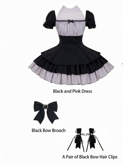 Black & Pink Square Neck Dress with Bow Brooch and Hair Clip - With PUJI
