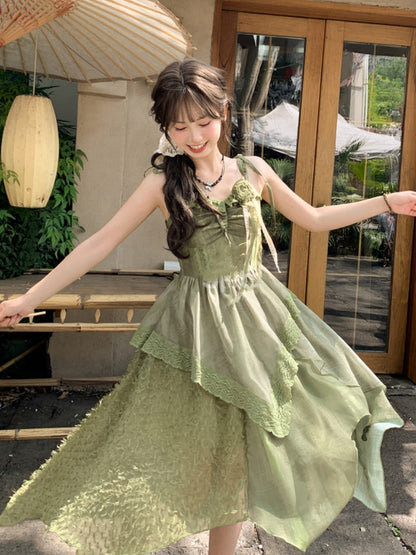 Schulter Grün Taschentuch Saum Kleid Selbst-binden Mori Kei Cami mit