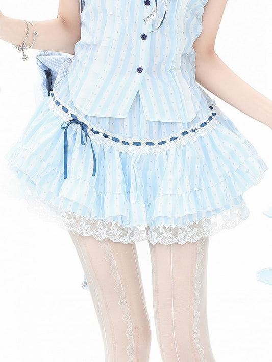 Polka Dot Attached with Striped Skirt Tiered Blue Bloomers