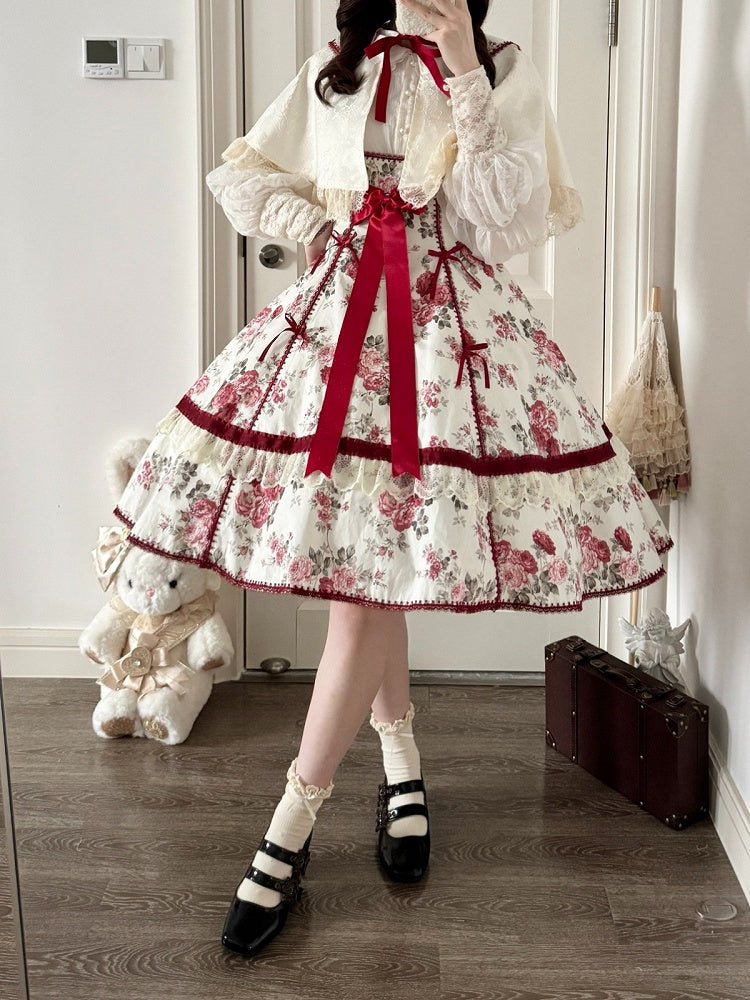Old School Cotton Lolita JSK Gown with Floral Print & Lace Detailing - Qian Mu