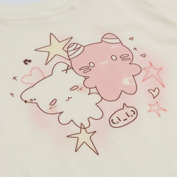 Playful Kitten One-Shoulder Tee Blue/Apricot/WhiteBlack