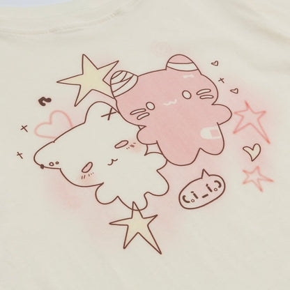 Playful Kitten One-Shoulder Tee Blue/Apricot/WhiteBlack