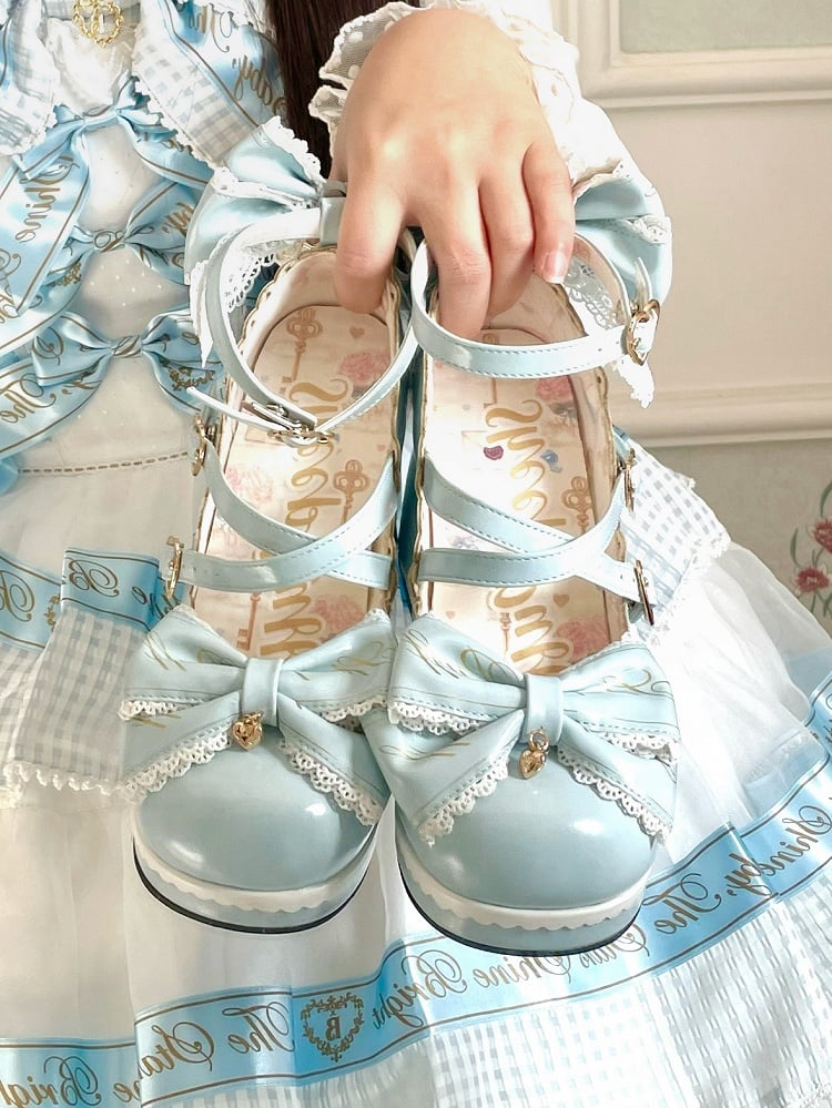 Heels Herz am Block Hohe Schnallen Blaue Schleife Kreuzmuster Abnehmbares Oberteil