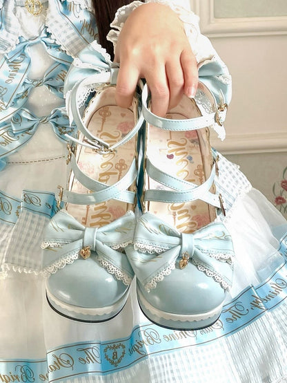 Heels Herz am Block Hohe Schnallen Blaue Schleife Kreuzmuster Abnehmbares Oberteil