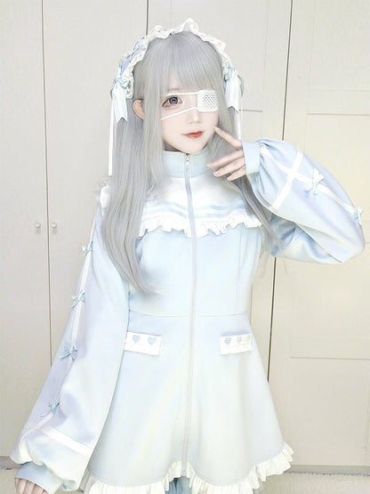 Hellblaues Jirai-Kei-Haarband mit überkreuztem Spitzenbesatz