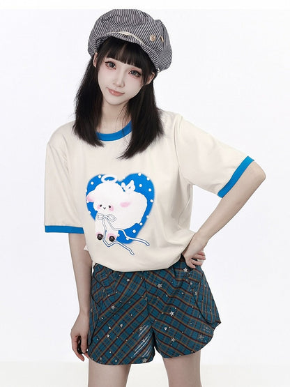 Blue Plaid Shorts with Glitter Star Pattern - PINK SAVIOR