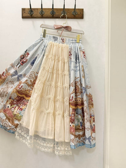 Azure Alice in Wonderland Theme Print Sweet Skirt with Back Layered Ruffle - Forest Fairy Tales