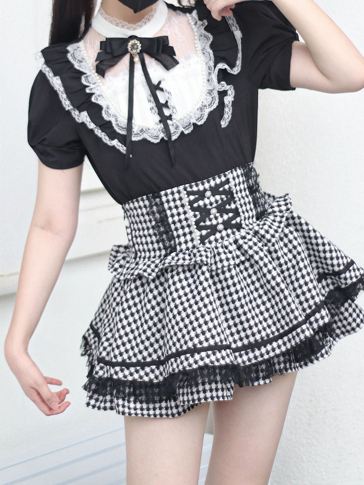 / Lace Trim with Bead Details  White Plaid Blouse Jirai Kei Illusion Neckline Black