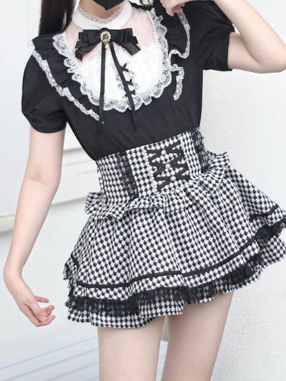 / Lace Trim with Bead Details  White Plaid Blouse Jirai Kei Illusion Neckline Black