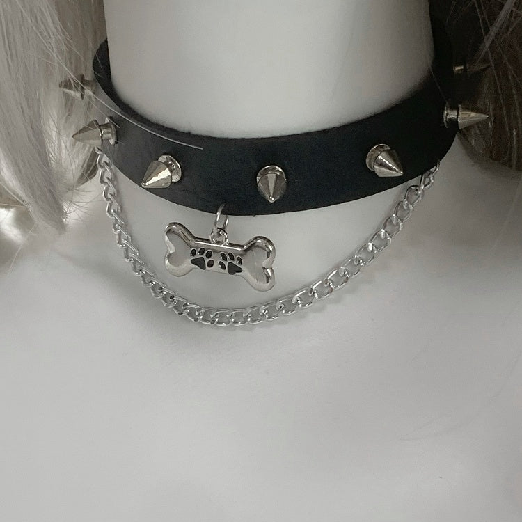 Black Bone Pendant Studded Choker with Chain