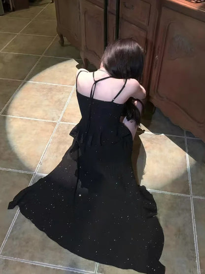 Tiered High-Low Skirt Neckline Black Sweetheart Sequins Slip Dress Ruffles