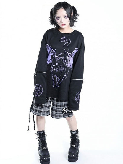 Dark Kawaii Purple & Black Hell Cat Graphic Embroidered Zip Sweatshirt - Tribuo Flos