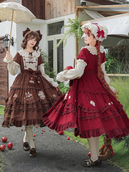 Wine Red Apple Embroidered OP Dress Set with Peter Pan Collar, Long Sleeves, Ruffle Trim, Belt, Brooch & Bow Hairclip - With PUJI
