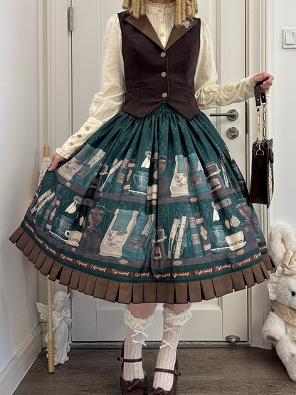 Dark Green Brown Coffee Cup Bookshelf Print Elegant Skirt Ruffled Hem - Dream Whale