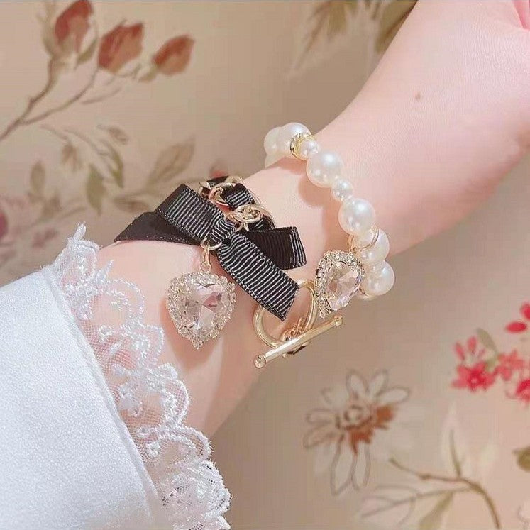 Jirai Kei Double-Layer Pearl Heart Bracelet by ZHUZHU's Handmade