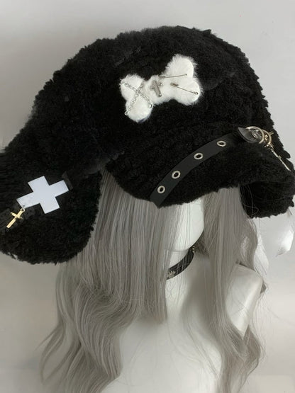 Black Cross and Pins Buckle Bunny Ear Plush Hat