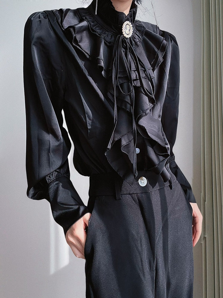 Cascading Ruffles Jabot Blouse – Leg-of-Mutton Sleeves + Brooch | ROAE