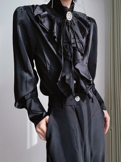 Cascading Ruffles Jabot Blouse – Leg-of-Mutton Sleeves + Brooch | ROAE