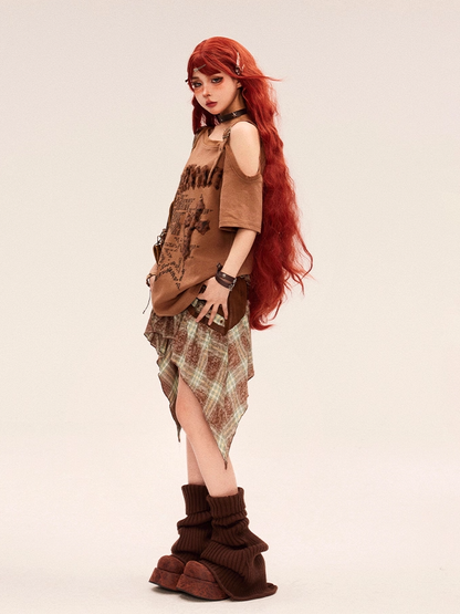 バタフライアップリケハンカチ裾グリーンチェックスカート