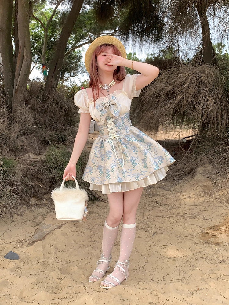 Floral Sleeve Lace-Up Blue Dress Puff with Front Jacquard Waist