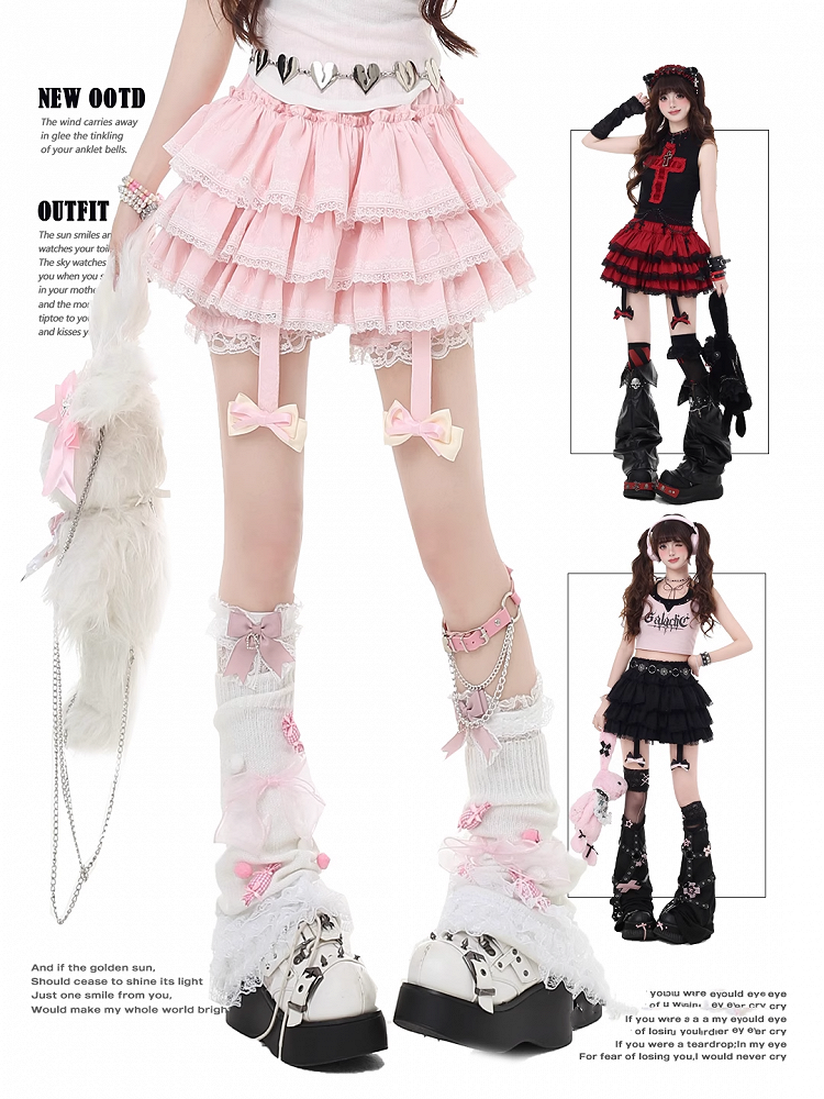 Abnehmbarer Spitzenrock mit Schleife in Rot/Rosa/Schwarz und glamourösem Y2K-Besatz