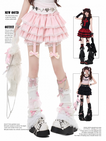 レースのレッド/ピンク/ブラックの魅力的なY2Kリボン結びティアードスカート、トリム取り外し可能