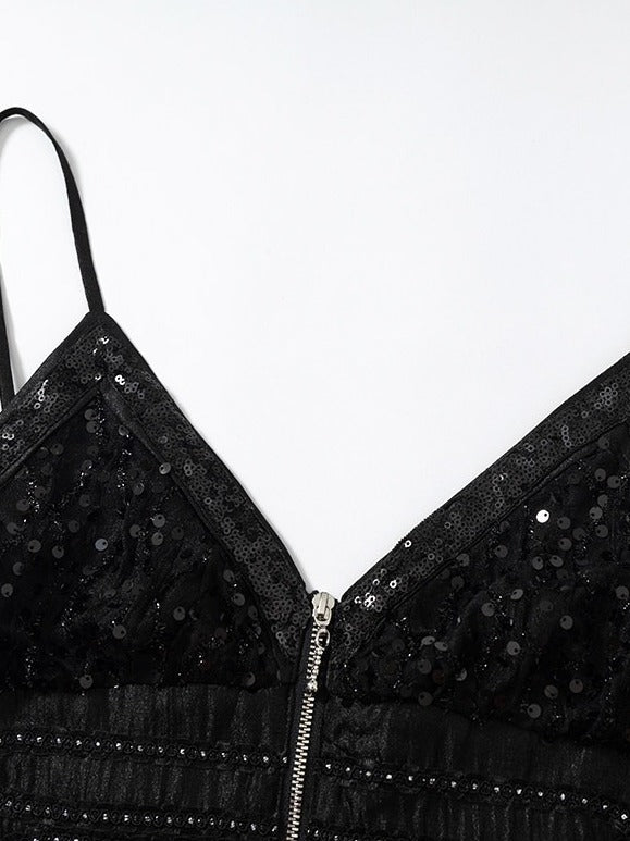 Black Double-Breasted Cami Dress with Sequin Details - NO ROMANCE