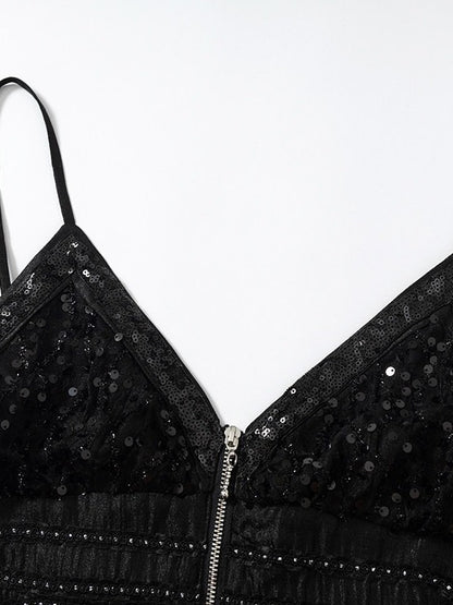 Black Double-Breasted Cami Dress with Sequin Details - NO ROMANCE