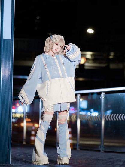 Blue - + Kaiwai J-Style Detachable Futuristic Set Shorts Jacket Leg Coord Light Warmers Tenshi