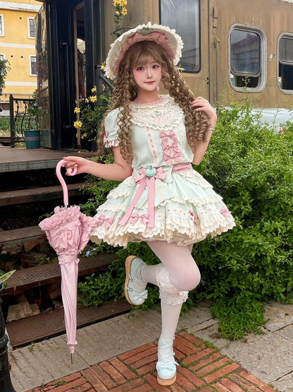 Mint Green Round Neck Short Sleeve Layered Ruffle Lolita OP with Apple Embroidery - Yinying Lolita