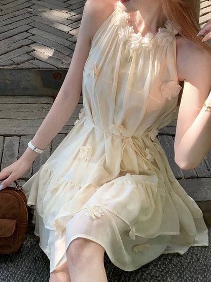 Milk Yellow Halter Dress with Floral Accents - Qchiwawameme