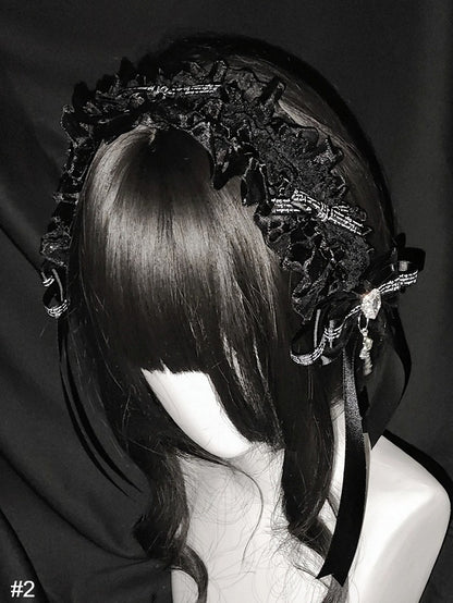 2-Tone Black & White Lace Hairband Rhinestone Cross