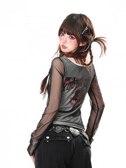 Black/White Number Glamorous Top with Mesh Overtop