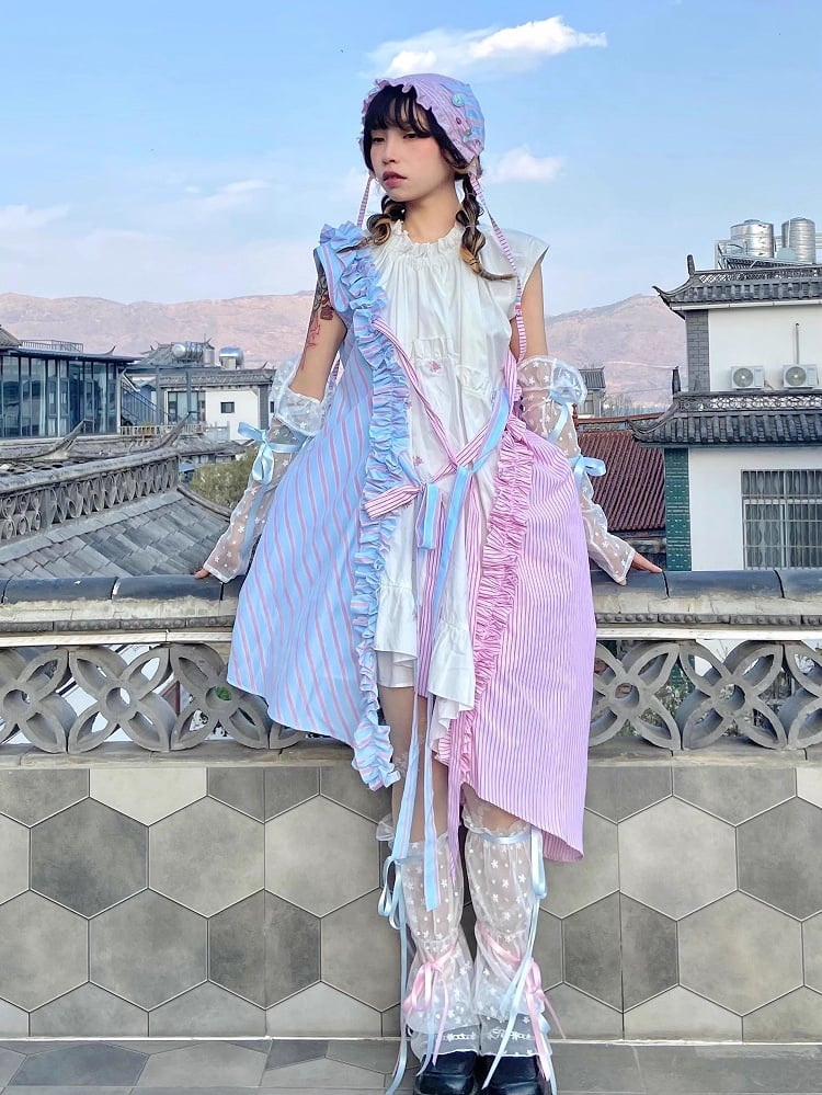 Embroidered Hem Accents with Blue Pink Floral Dress Asymmetrical