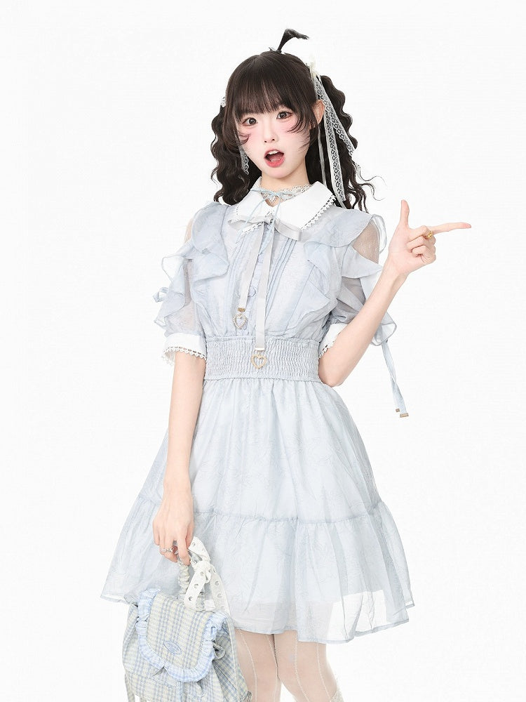 Dusty Blue Mesh Cut-Out Shoulder Dress with Ruffles