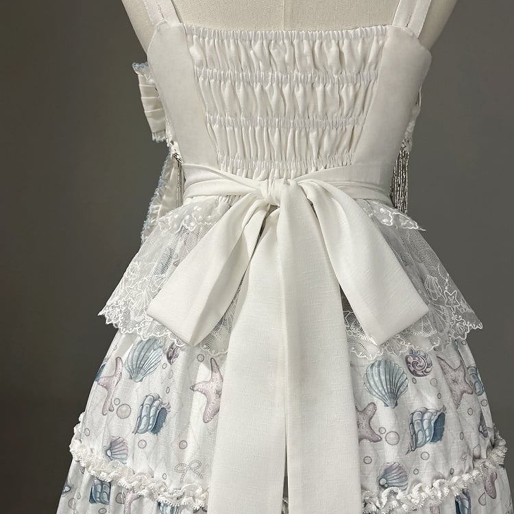 Blaues Lolita-Muschelkleid mit weißem Meeresdruck und Seesternen