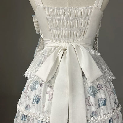 Blaues Lolita-Muschelkleid mit weißem Meeresdruck und Seesternen