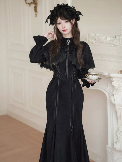 with Mermaid Dress Kei-inspired Two-Piece Elegant Cape Black Jirai False