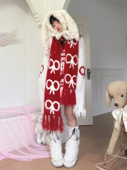 Long Fringe Scarf with Bow Pattern Festive Christmas Red