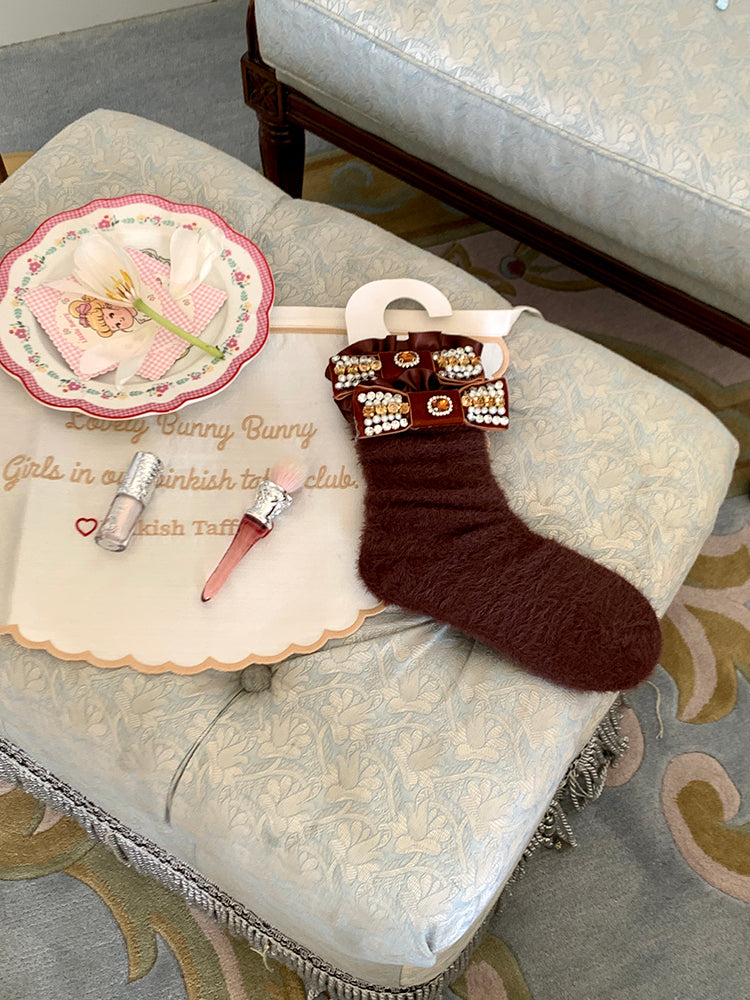 Dark Socks Decoration Bowknot Brown Calf with Rhinestone Plush