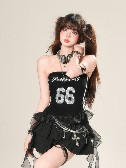 Asymmetrischer Saum Glamorous Mesh Print Schwarz/Weiß Trägerloses Top Nummer