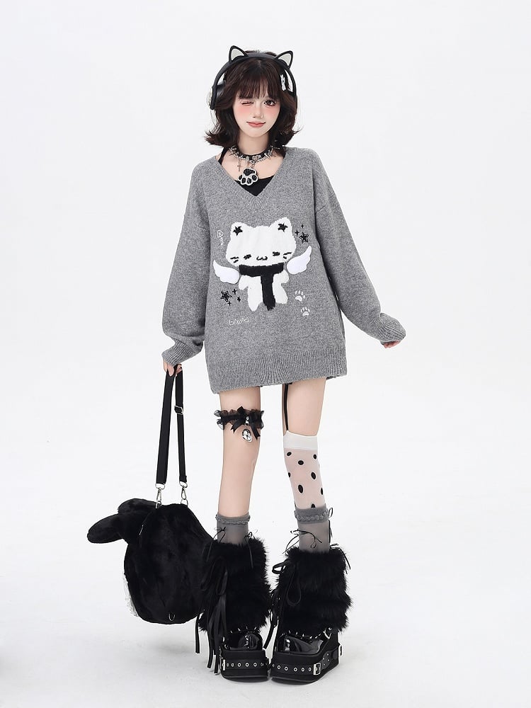 V-Neck Faux Two-Piece Sweater with Scarfed Angel Cat Pattern Blue/Gray