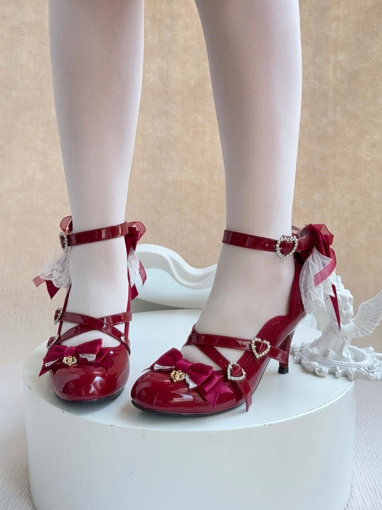 Wine Red Strawberry Embroidered 9cm Heels with Bow - Cheese Mango