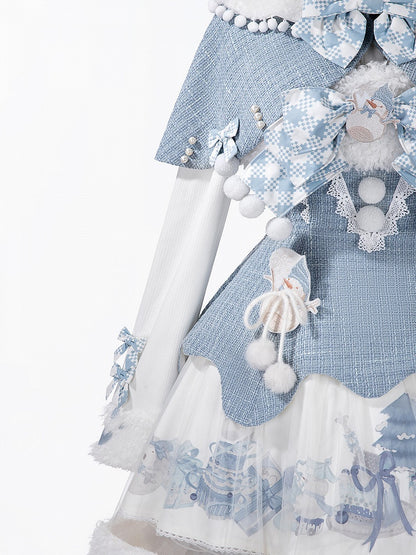 Print Winter Sweet Top Blue Lolita White Cape Snowman Set Knitted + - Tweed JSK