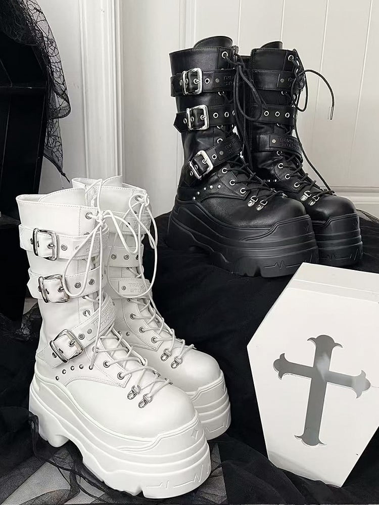 White in Boots System Kei Jirai Studs PU Platform Triple Details Fastening