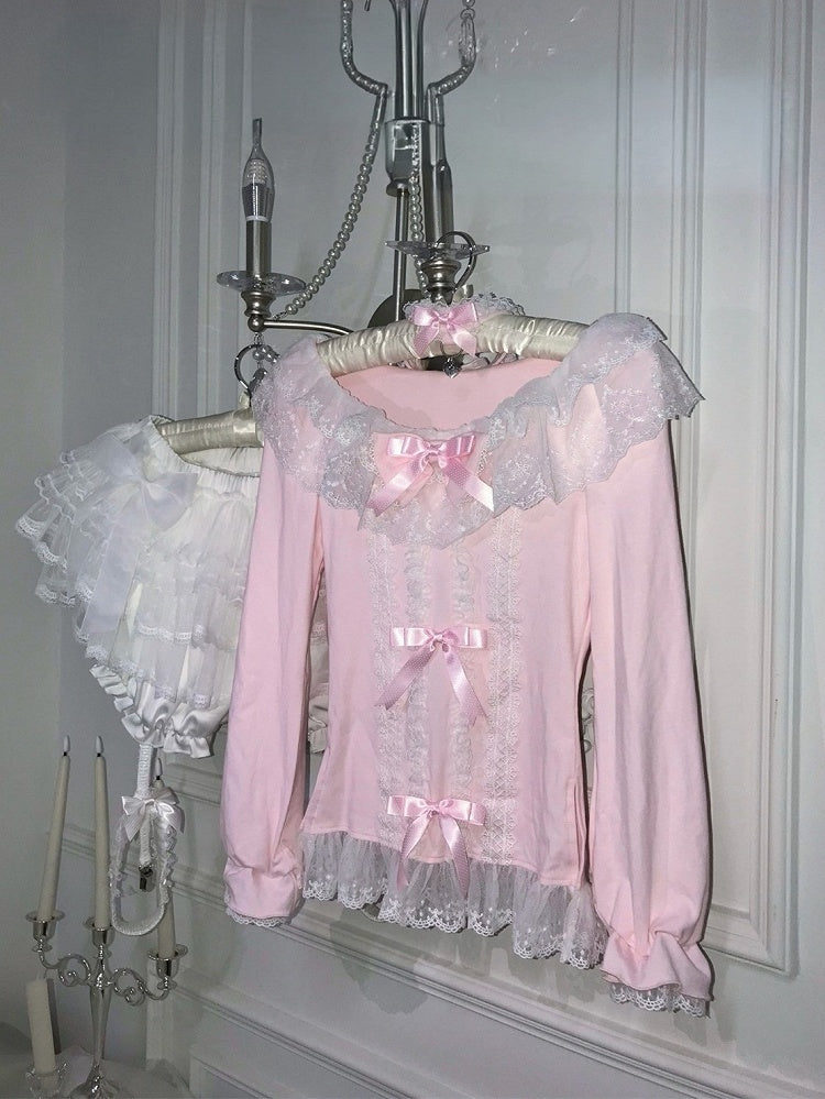 Pink Lace Bow-Trimmed Long-Sleeved Dark Fashion Top with Choker - HBreaker