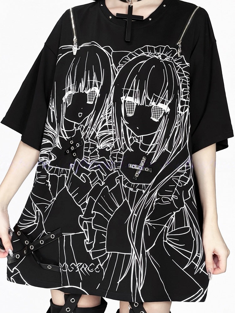 Shoulder Cutout Dark Jirai Top Short-Sleeve Printed Girl Kei
