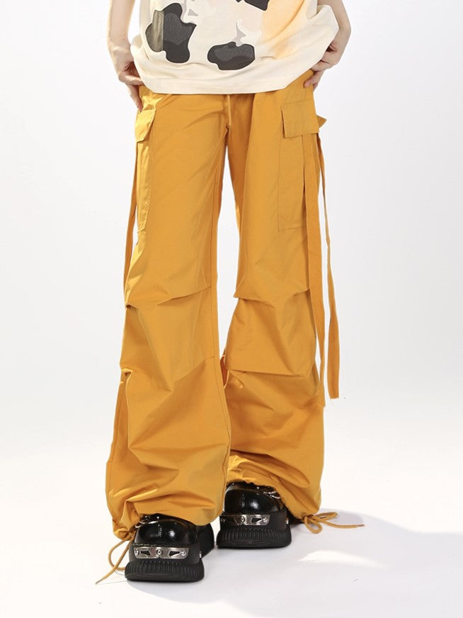 Yellow Cargo Wide-Leg Pants with Drawstring Accents Mustard