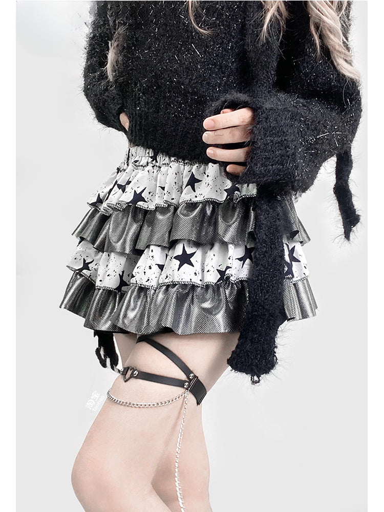 Black&White Star Print Tiered Skirt